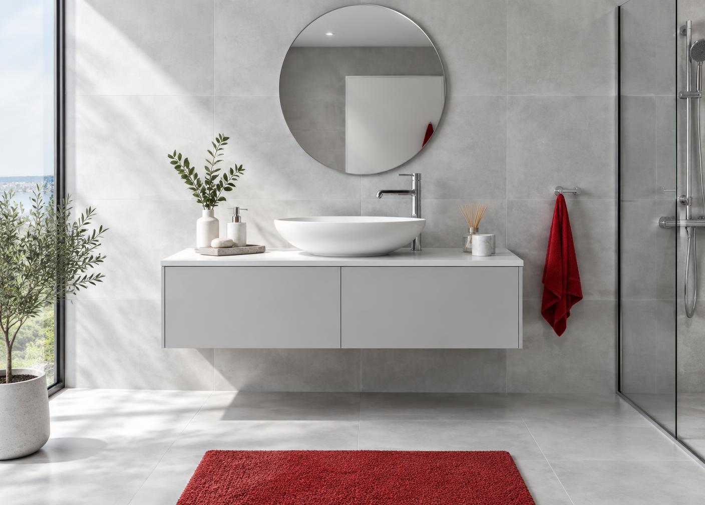 Inspiração ilustrativa de banheiro com porcelanato, cuba e metais